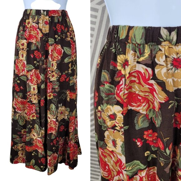 Vtg Floral Skirt Plus 1X Romantic Elastic Waist Pull On Brown Rose Cottagecore - Picture 1 of 7